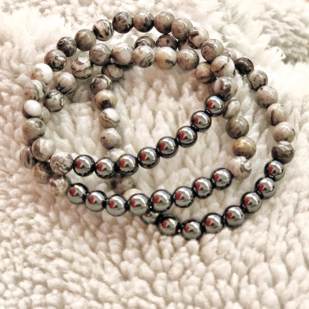 Mala Bracelet Hematite with Jasper. Boho Jewelry